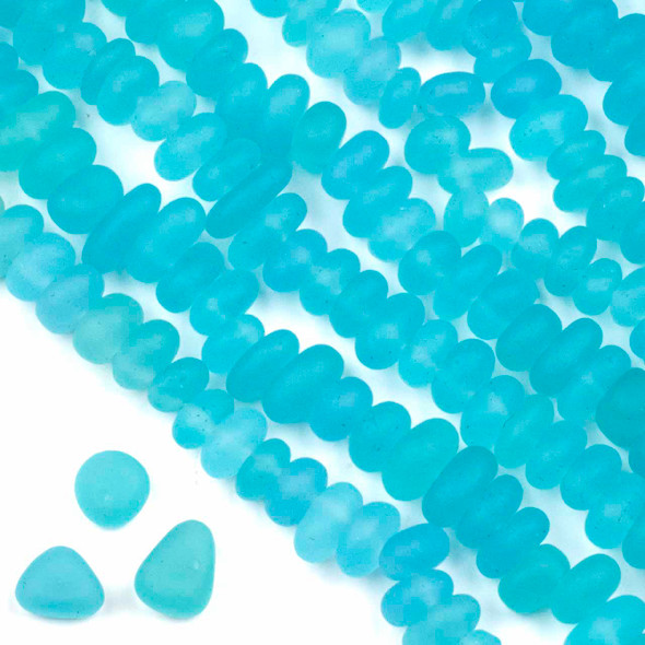 Matte Glass, Sea Glass Style Small 7-11mm and 4-7mm Thick Arctic Blue Blue Pebble Beads - 8 inch strand