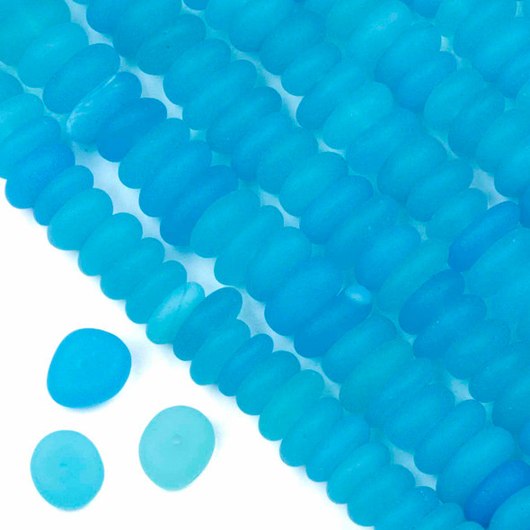 Matte Glass, Sea Glass Style Medium 11-13mm and 4-8mm Thick Aqua Blue Pebble Beads - 8 inch strand