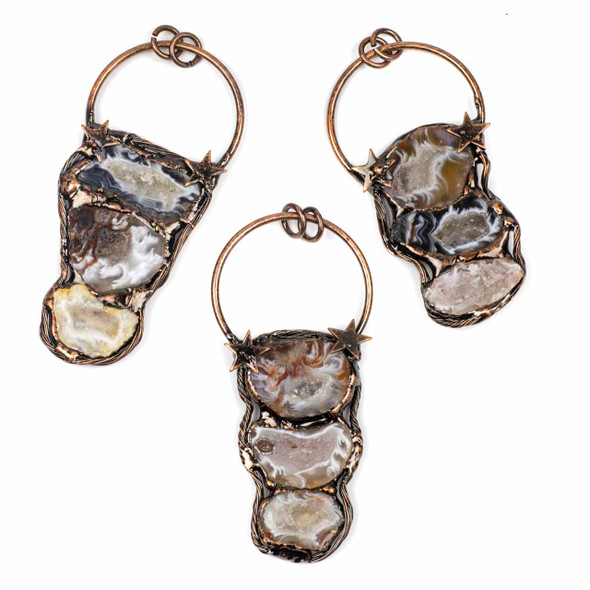 Grey and White Druzy Agate approx. 35-40x84mm Antique Copper Plated Brass 40mm Hoop Pendant with Two Stars and 8mm Open Jump Rings - 1 per bag