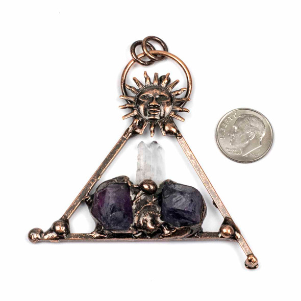 Approx. 65x68mm Antique Copper Triangle Pendant with Rough Amethyst Nuggets, Clear Quartz Point, Sun, 20mm Hoop, and 8mm Open Jump Rings - 1 per bag