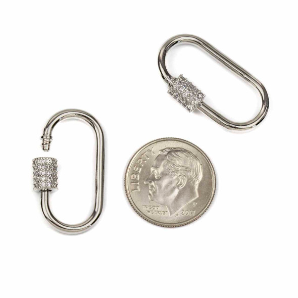 Silver Plated Brass 15x25mm Carabiner Clasps with Cubic Zirconia Pave - 1 piece
