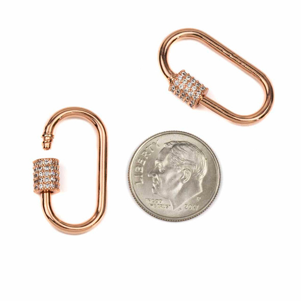 Rose Gold Plated Brass 15x25mm Carabiner Clasps with Cubic Zirconia Pave - 1 piece