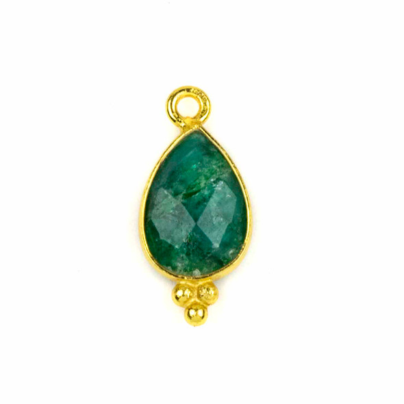 Emerald approximately 9x20mm Faceted Teardrop Drop with Gold Vermeil Bezel and 3 Tiny Dots - 1 piece