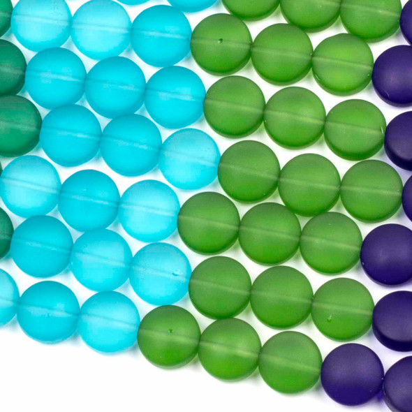 Matte Glass, Sea Glass Style 12mm Multicolor Coin Beads - 8 inch strand