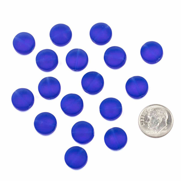 Matte Glass, Sea Glass Style 12mm Medium Cobalt Blue Coin Beads - 8 inch strand