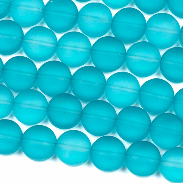 Matte Glass, Sea Glass Style 12mm Aqua Blue Coin Beads - 8 inch strand