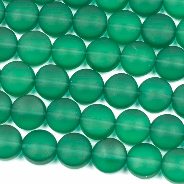 Matte Glass, Sea Glass Style 12mm Peacock Green Coin Beads - 8 inch strand