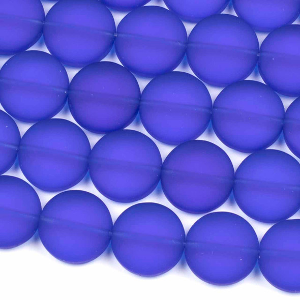 Matte Glass, Sea Glass Style 15mm Medium Cobalt Blue Coin Beads - 8 inch strand