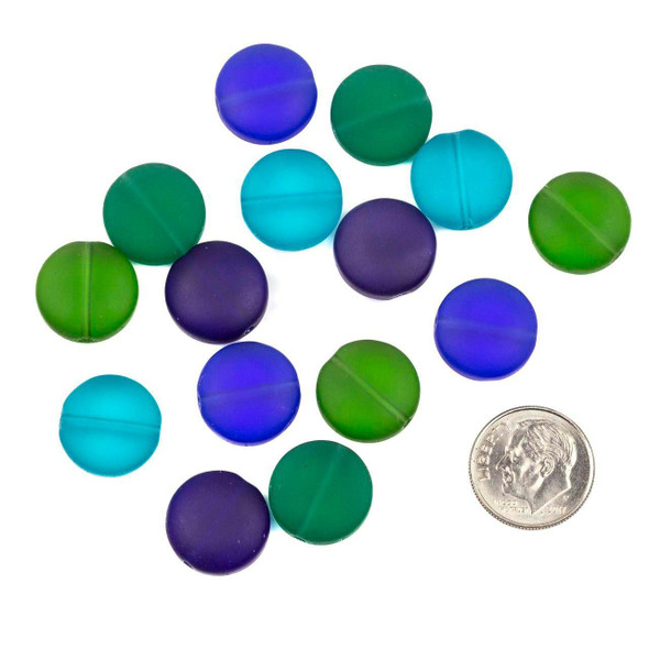Cherry Tree Beads Matte Glass, Sea Glass Style 15mm and 6.5mm thick Coin Beads - 8 inch strand 
