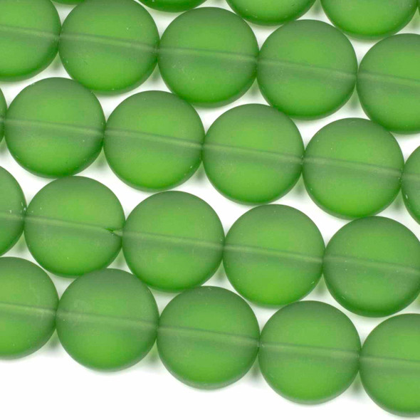 Matte Glass, Sea Glass Style 15mm Emerald Coin Beads - 8 inch strand