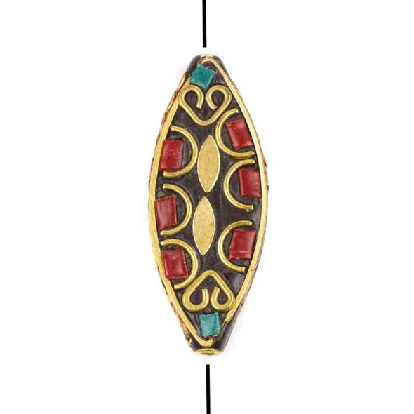 Cherry Tree Beads Tibetan Brass 17x42mm Marquise Focal Bead with Hearts and Red Coral Inlay - 1 per bag
