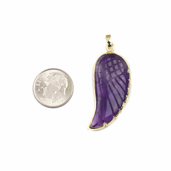 Amethyst 17x40mm Carved Wing Pendant with Gold Edges and Bail - 1 piece