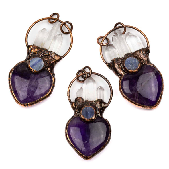 Amethyst Heart approx. 34x70mm Antique Copper Plated Brass 35mm Hoop Pendant with Quartz Points, Kyanite Cabochon, and 8mm Open Jump Rings - 1 per bag
