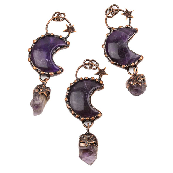 Amethyst Moon approx. 30x85mm Antique Copper Plated Brass Pendant with Rough Nugget Dangle, Stars, 22mm Hoop, and 8mm Open Jump Rings - 1 per bag