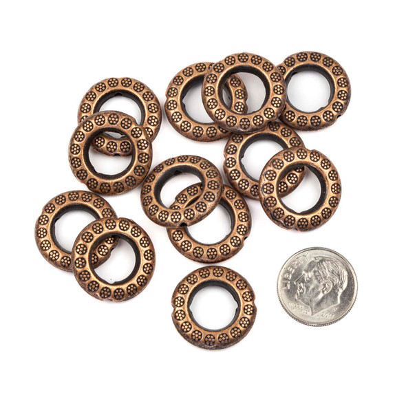 Vintage Copper Colored "Pewter" (zinc-based alloy) 19mm Thai Style Donut Beads with Stamped Daisies - 12 per bag