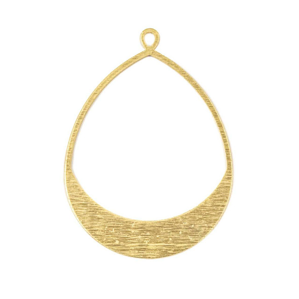One large textured teardrop hoop component, available in raw and coated brass finishes, displayed flat to show the hammered detail and elegant shape.