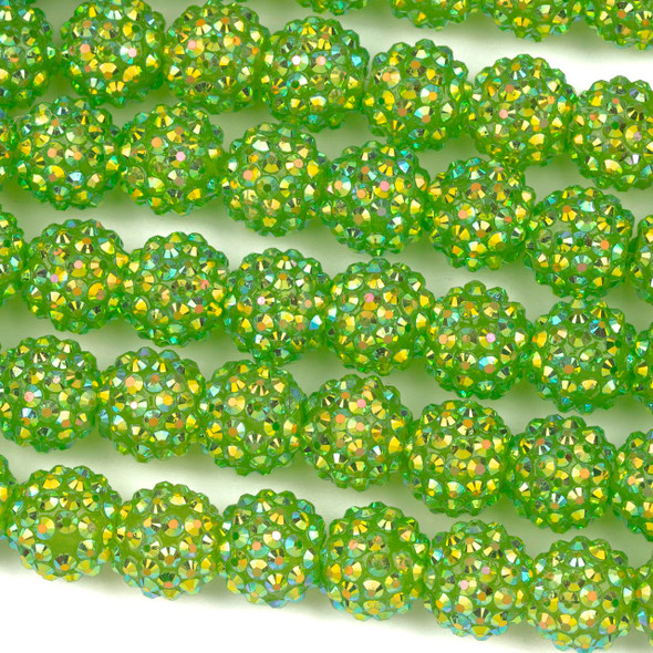 Resin Pave 16mm Green Round Beads with Acrylic Crystals - 7 inch strand