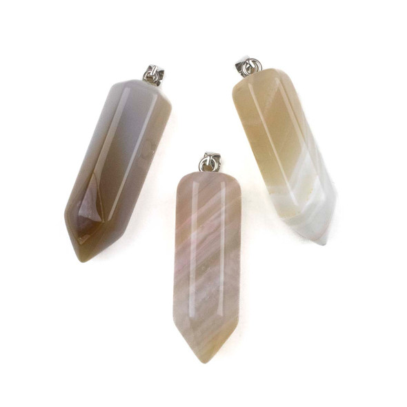 Agate 15x48mm Hexagonal Point Pendant with Silver Plated Loop and Bail - 1 per bag