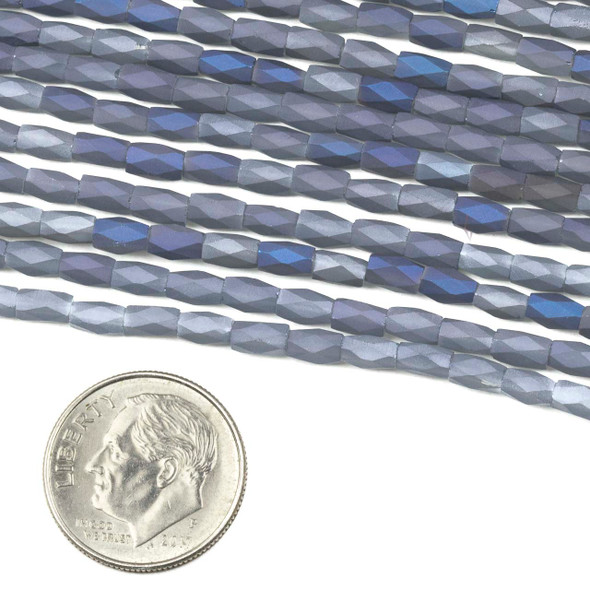 Crystal 2x4mm Opaque Matte Gray with Blue Rainbow Kiss Faceted Tube Beads - 18 inch strand