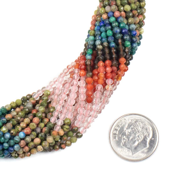 Unakite, Rose Quartz, Carnelian, Garnet, & Chrysocolla 2mm Faceted Round Beads - #3, 15 inch mixed gemstone strand