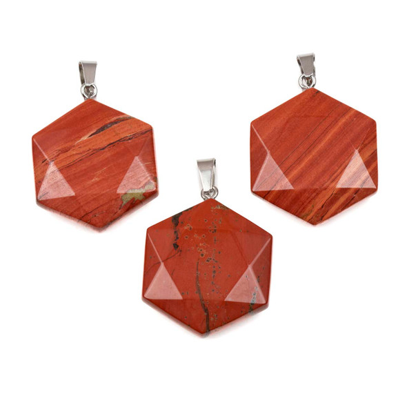 Red Jasper 28x31mm Hexagon Pendant with Stainless Steel Loop & Bail - 1 per bag