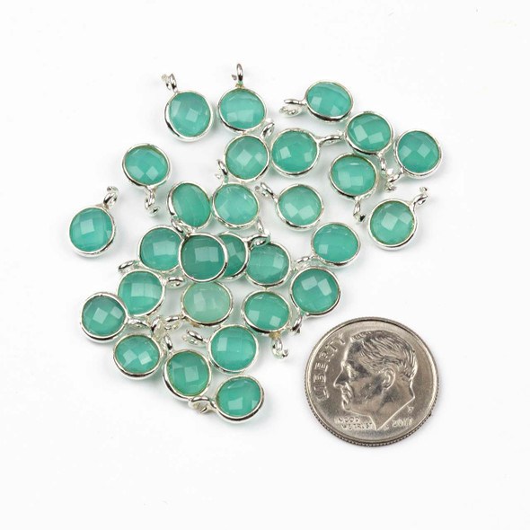 Aqua Chalcedony approximately 7x10mm Faceted Coin Drop with Sterling Silver Bezel - 1 piece