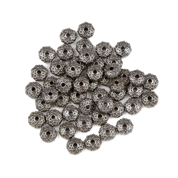 Silver "Pewter" (zinc-based alloy) 4x8mm Rondelle Beads with Side Circles - approx. 50 beads per bag