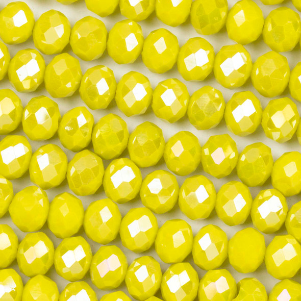 Crystal 6x8mm Opaque Lemon Zest Yellow Faceted Rondelle Beads with an AB finish - Approx. 15.5 inch strand