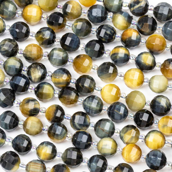 Yellow & Blue Tigereye 8mm Faceted Lantern Round Beads - 15 inch strand