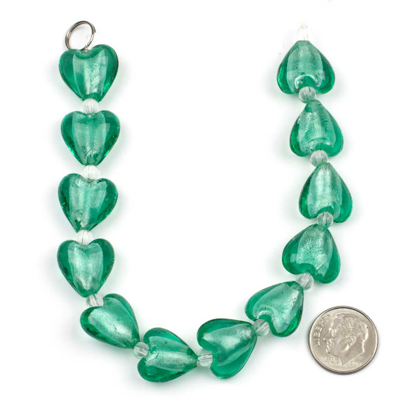 Handmade Lampwork Glass 15mm Mint Blue Green Heart Beads with a Silver Foil Center - 8 inch strand