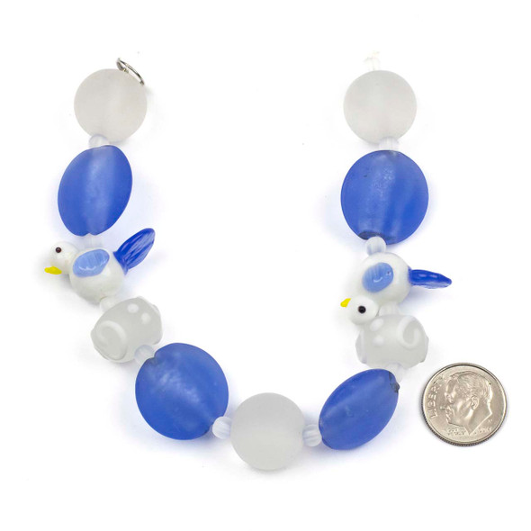 Handmade Lampwork Glass Nature Collection - Blue and White Bird with Matte Blue Coin, and White Round Mix