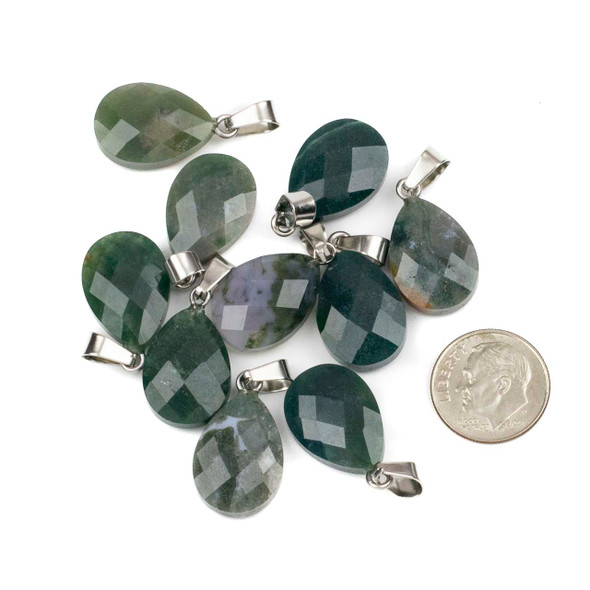 Moss Agate 13x18mm Faceted Teardrop Pendants with Stainless Steel Loop & Bail - 2 per bag