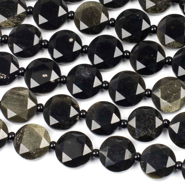 Golden Sheen Obsidian 12mm Faceted Hexagonal Cut Coin Beads - 8 inch strand
