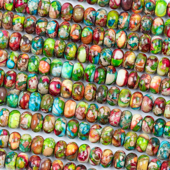Close-up of Dyed Fiesta Rainbow Impression Jasper 5x8mm Rondelle Beads - color #06 showing the vibrant mix of bright and earthy colors, marbled patterns, and rondelle bead shape.