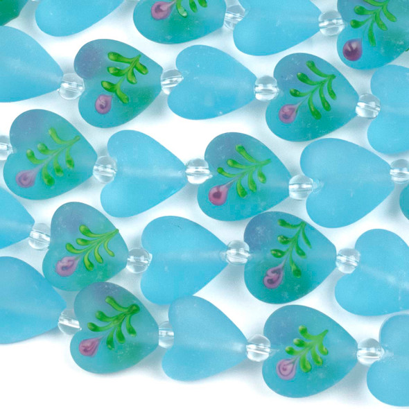 Handmade Lampwork Glass 15mm Matte Aqua Blue Heart Beads with a Pink Flower alternating with 18mm Matte Aqua Heart Beads
