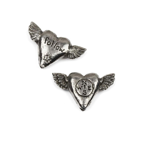 Green Girl Studios pewter 20x33mm 'Follow' flying heart bead with wings and a 3mm hole, crafted from pewter for jewelry making and unique design accents.
