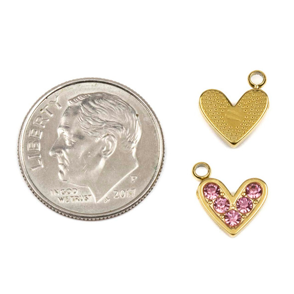 14k Gold Plated 304 Stainless Steel 9mm Heart Charm with Pink Cubic Zirconias - 2 per bag