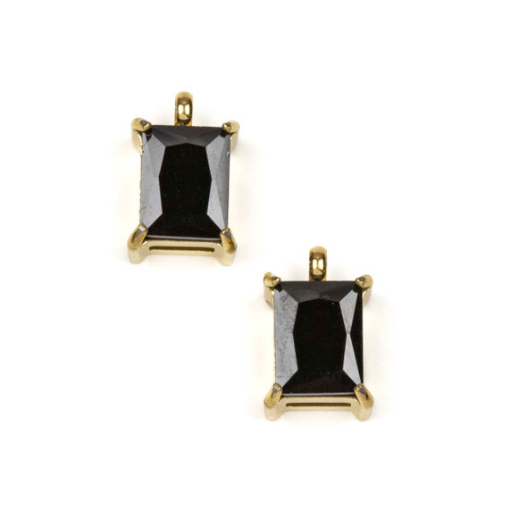 14k Gold Plated 304 Stainless Steel 8x12mm Faceted Table Cut Rectangle Black Cubic Zirconia Drop Charm - 2 per bag