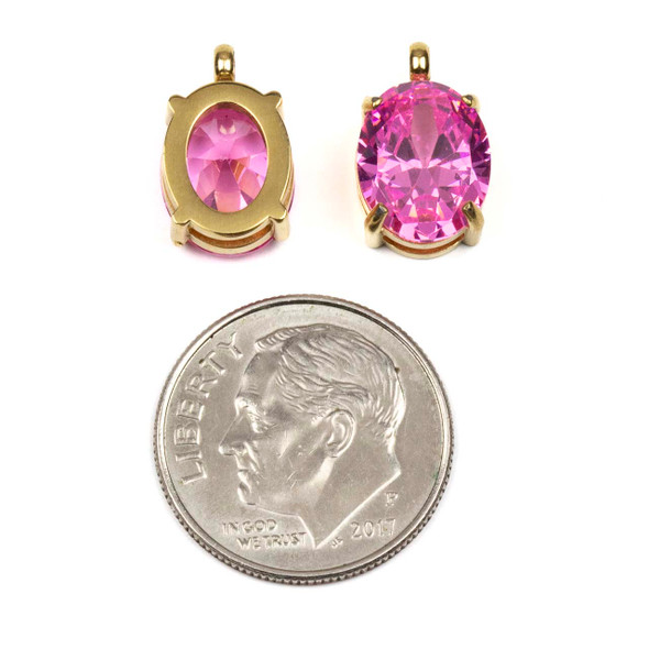 14k Gold Plated 304 Stainless Steel 8x13mm Faceted Table Cut Oval Pink Cubic Zirconia Drop Charm - 2 per bag