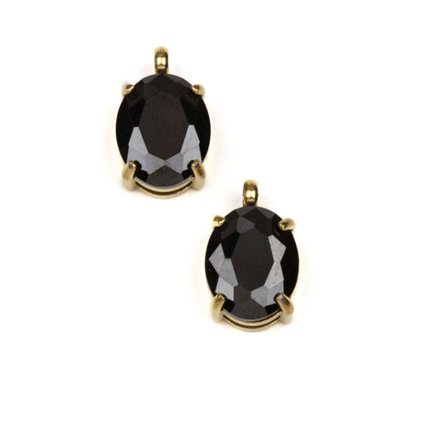 14k Gold Plated 304 Stainless Steel 8x13mm Faceted Table Cut Oval Black Cubic Zirconia Drop Charm - 2 per bag