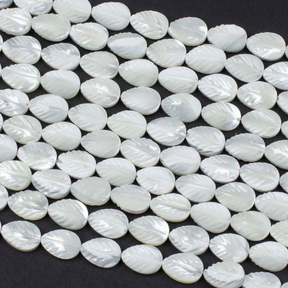 Cherry Tree Beads Mother of Pearl 8x12mm White Carved Leaf Beads - 16 inch strand 