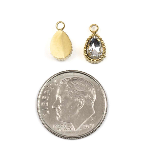 14k Gold Plated 304 Stainless Steel 6x10mm Teardrop Charm with Clear Cubic Zirconias - 2 per bag