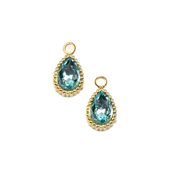 14k Gold Plated 304 Stainless Steel 6x10mm Teardrop Charm with Aqua Cubic Zirconias - 2 per bag