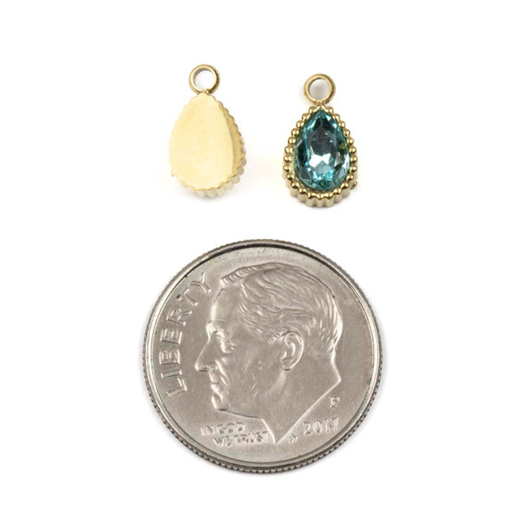 14k Gold Plated 304 Stainless Steel 6x10mm Teardrop Charm with Aqua Cubic Zirconias - 2 per bag