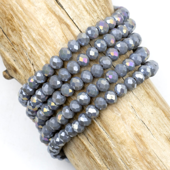 Crystal 4.5x6mm Opaque Gray Fog Faceted Rondelle Beads with an AB finish - Approx. 15 inch strand