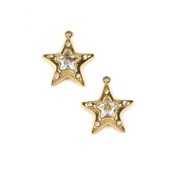 14k Gold Plated 304 Stainless Steel 15x16mm Star Charm with Clear Cubic Zirconias - 2 per bag