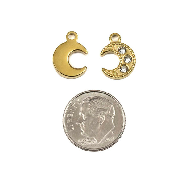Cherry Tree Beads 14k Gold Plated 304 Stainless Steel 10x14mm Crescent Moon Charm with Clear Cubic Zirconias - 2 per bag 