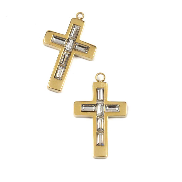 14k Gold Plated 304 Stainless Steel 15x25mm Cross Charm with Clear Cubic Zirconias - 2 per bag