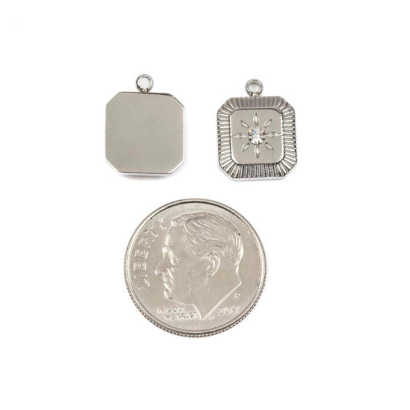 Cherry Tree Beads Silver 304 Stainless Steel 10x13mm Square Star Burst Charm with Clear Cubic Zirconia - 2 per bag 