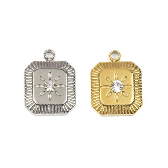 Cherry Tree Beads 304 Stainless Steel 10x13mm Square Star Burst Charm with Clear Cubic Zirconia - 2 per bag 